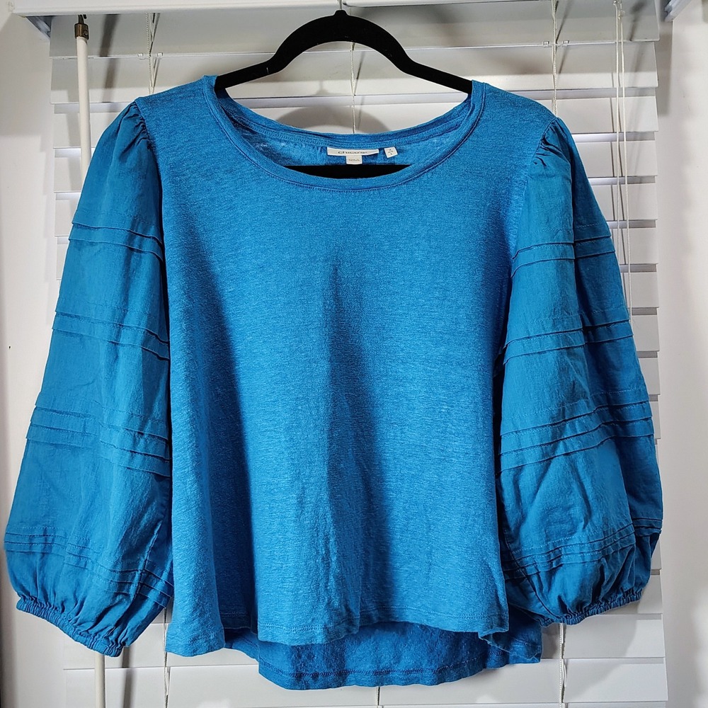 Chicos Linen Top Women L Blue Ballon Sleeve Cottage Feminine Boho Coastal Travel
